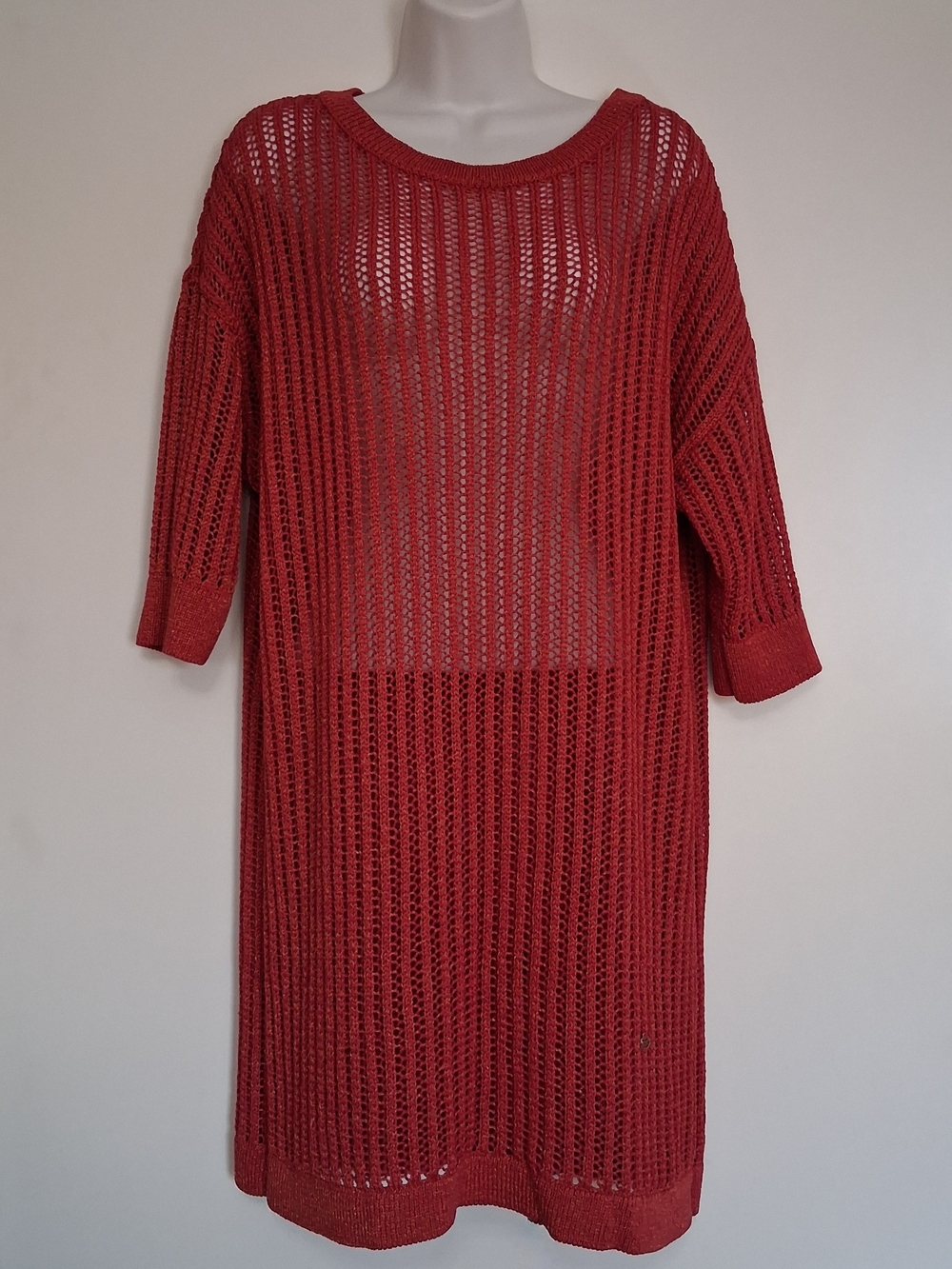 NERO GIARDINI Open-Knit Red Scoop-Neck Sweater Dress